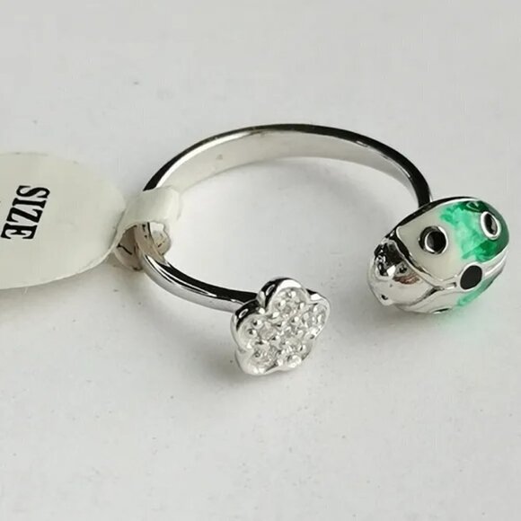 Sterling silver cz enamel ladybug flower ring size 7 NEW - Picture 3 of 6